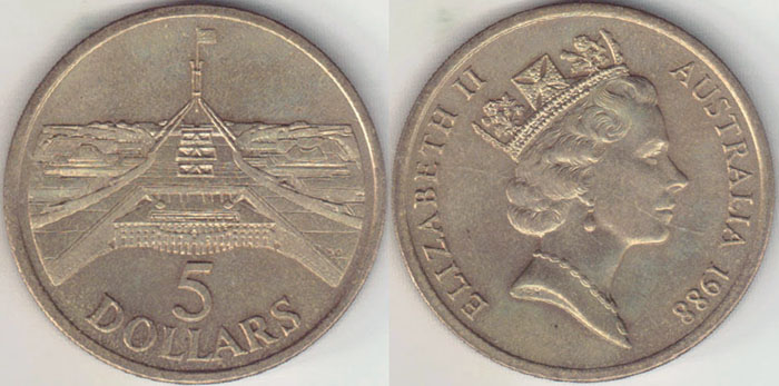 1988 Australia $5 (Parliament House in 2'x2') A004494